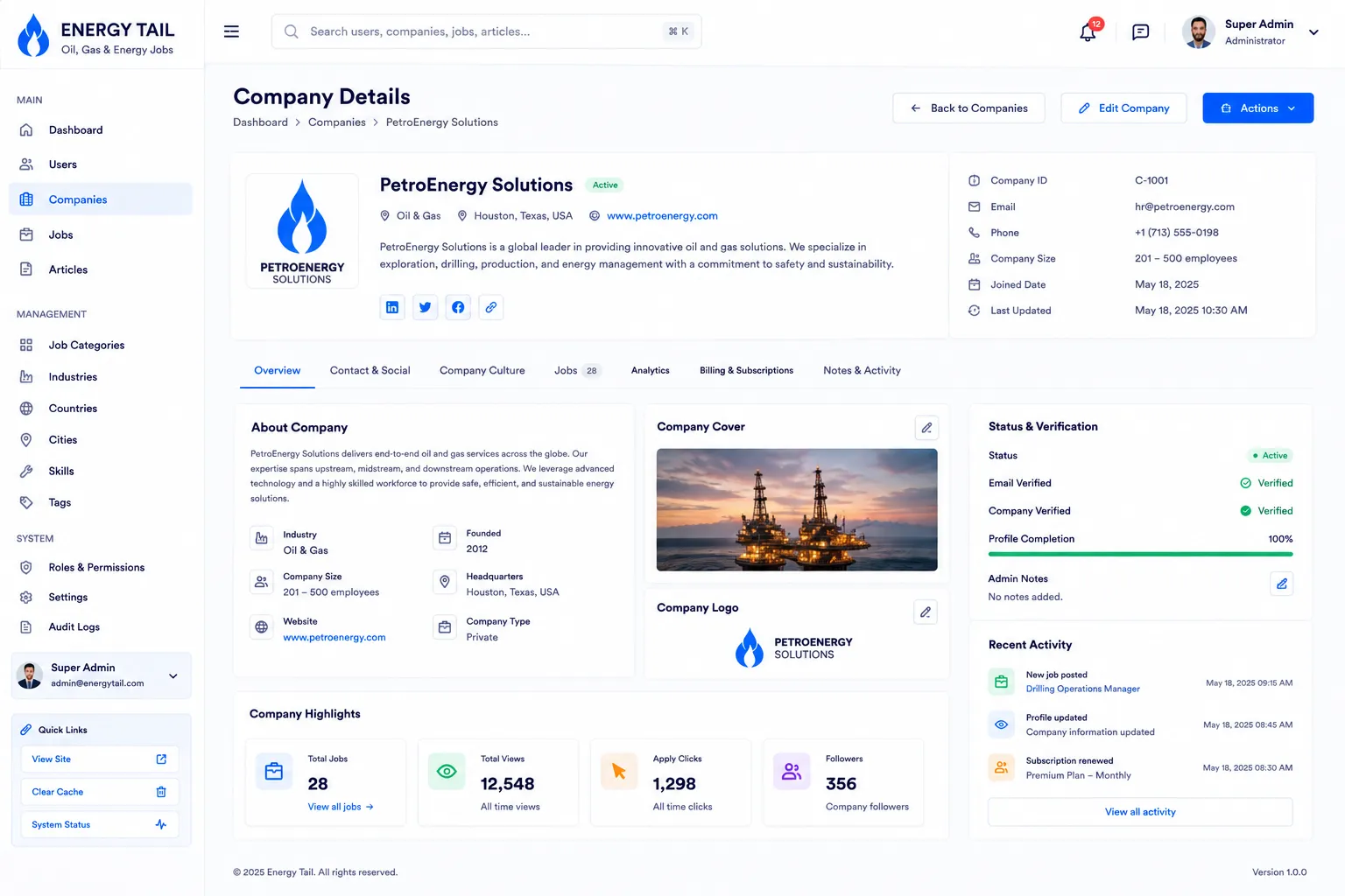 Interface preview of the Company Details project showing its main dashboard layout