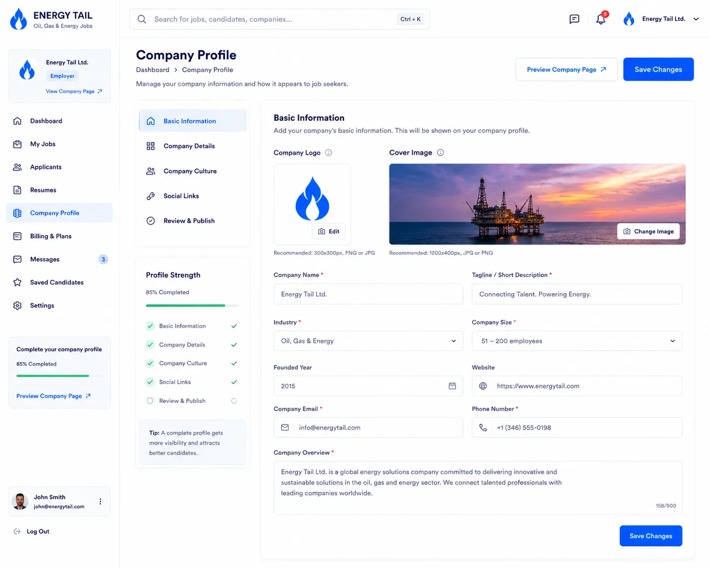 Interface preview of the Company Profile Dashboard project showing its main dashboard layout