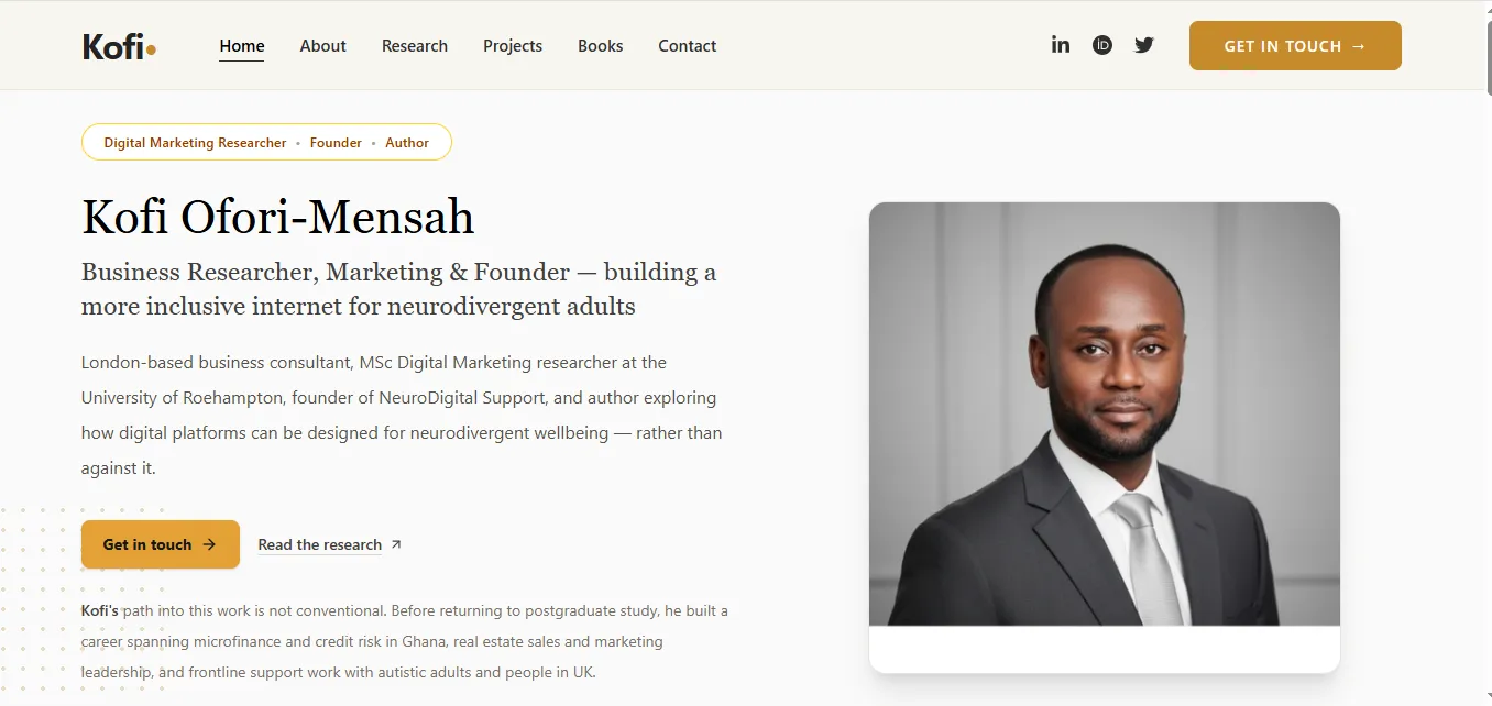 Interface preview of the Kofi Ofori-Mensah Portfolio project showing its main dashboard layout