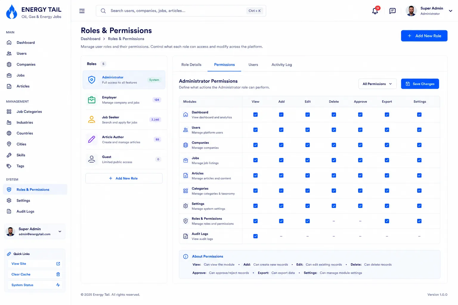 Interface preview of the Roles & Permissions Dashboard project showing its main dashboard layout